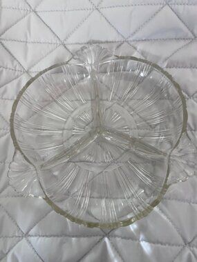 Vintage Clear Glass Serving Dish three section Scalloped Edge Ridge Fan Art Deco